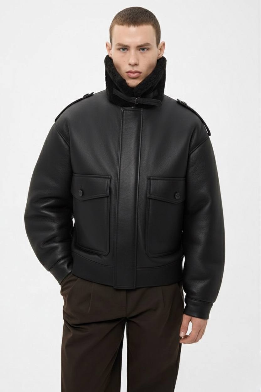 THOM SHEARLING BOMBER JACKET IN BLACK (2307/1)